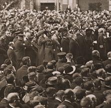 Thousands gather in Madison Square Garden, New York City, to hear radio broadcast of President Harding's speech dedicating the Tomb of the Unknown Soldier, November 11, 1921